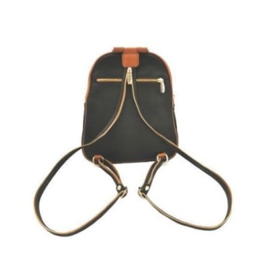 Valentina Italy Genuine Pebble Leather Convertible Backpack - Black/Tan - Picture 5 of 15